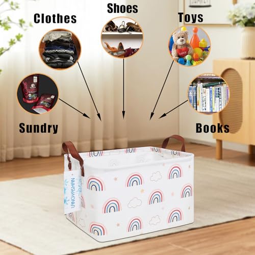 LANGYASHAN Rectangular Storage Bin Collapse Canvas Fabric Cartoon Storage Basket with Handles for Organizing Home Kitchen Boys and Girls Toys Office Closet Shelf Baskets(Rec Cloud Rainbow) - color: Rec Cloud Rainbow