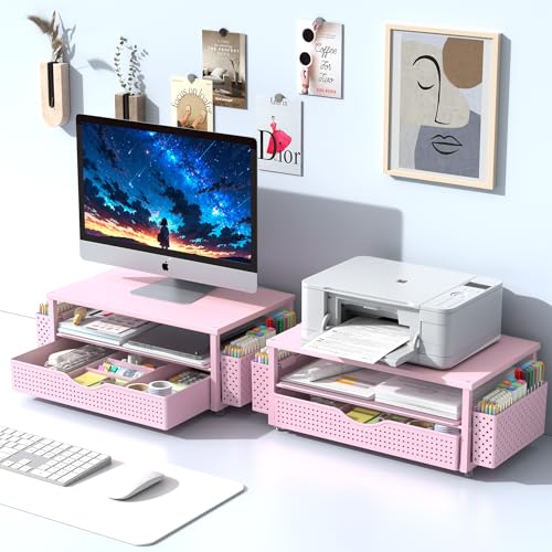 Spacrea Desk Organizer and Accessories, Computer Monitor Stand Riser with Drawer and 2 Pen Holders, Office Desk Accessories & Workspace Organizers for Office Supplies (Pink) - color: Pink