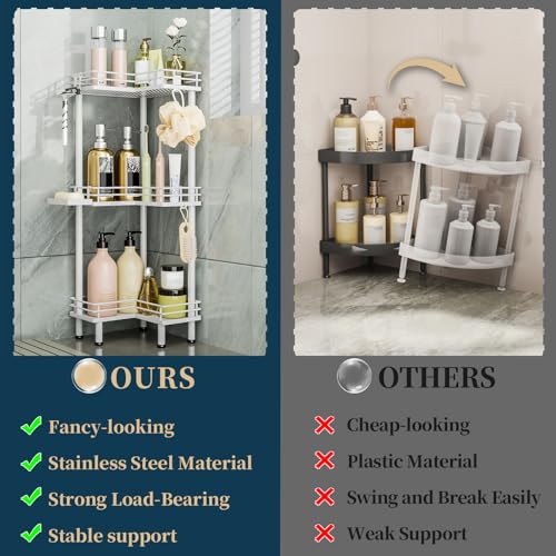 Consumest Corner Shower Caddy Standing - 3-Tier Stainless Steel Shower Organizer with Soap Holder and 4 Hooks, Large Capacity Corner Shelf Stand for Bathroom, Rest Room, White - color: White, size: 3 Tier