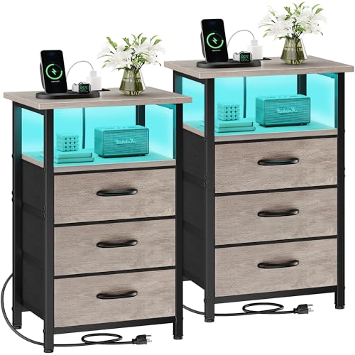 Vagusicc Night Stand Set 2 with Charging Station, LED Nightstand for Bedroom, Bedside Table with 3 Fabric Drawers, End Table Side Table with USB Ports & Outlets, Bed Side Table for Bedroom, Greige - color: Greige, size: 2 Pieces, style: With LEDs