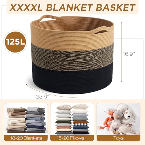XXXXL 125L Extra Large Blanket Basket, 23.6" x 16.9" Jumbo Woven Cotton Rope Storage Basket with Handles, Laundry Hamper, Toy Storage for Living & Play Room (Khaki, Brown & Black) - color: Khaki, Brown & Black