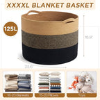 XXXXL 125L Extra Large Blanket Basket, 23.6" x 16.9" Jumbo Woven Cotton Rope Storage Basket with Handles, Laundry Hamper, Toy Storage for Living & Play Room (Khaki, Brown & Black) - color: Khaki, Brown & Black