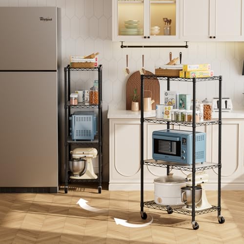 Golpart 4 Tier Shelves Storage Shelf Wire Closet Bathroom Organizers Metal Pantry Kitchen Garage Shelving Unit Laundry Room Organization Home Rack Net Basket Black with Wheels 14”D X 24”W X 48.9”H - color: Black, size: 4 shelves (14 "D X 24 "W X 48.9 "H)
