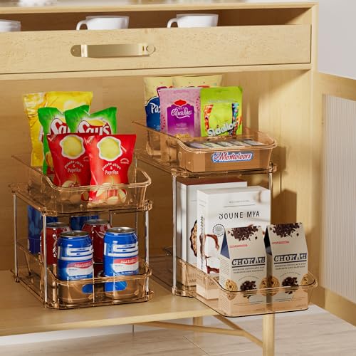 Delamu 2-Tier Under Sink Organizers and Storage, Multi-Purpose Stackable Bathroom Cabinet organizers, Pull Out Kitchen Pantry Organization and Storage with Dividers(2 Pack, Amber) - color: Amber, size: 2 Pack