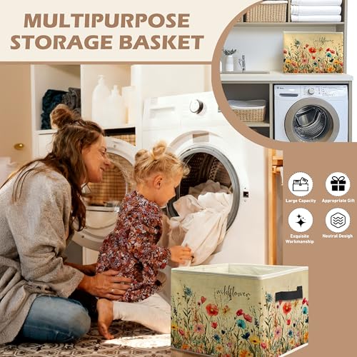 Vintage Wildflower Storage Bin Box with Handles, Rustic Cottagecore Floral Botanical Foldable Linen Fabric Laundry Basket for Home Bedroom Bathroom Clothes Toys Books - color: Floral-G
