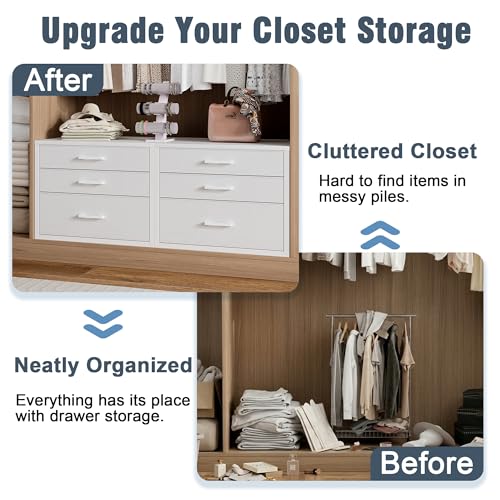 Closet Drawers Set of 2, White Closet Organizer with 3 Fabric Drawers, Stackable Storage Drawers for Closet, Bedroom, Dorm (White)