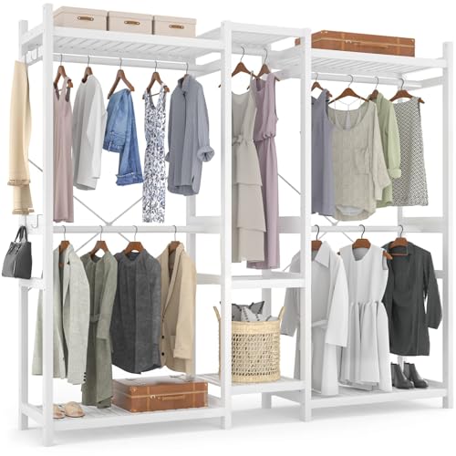 Homykic Bamboo Closet System Clothes Rack, Large Freestanding Garment Rack Clothing Rack for Hanging Clothes with 7 Storage Shelves and 5 Rods, Open Wardrobe Organizer with 4 Hooks, White - color: White, size: III Large