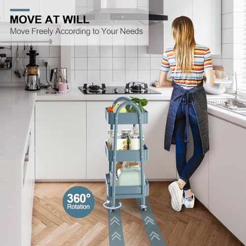3 Tier Utility Rolling Cart, EAGMAK Metal Storage Cart with Handle and Lockable Wheels, Multifunctional Storage Organizer Trolley with Mesh Baskets for Kitchen, Living Room, Office, Garage (Blue) - color: Blue, size: Normal