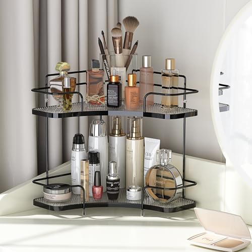 FOLLOWIN 2 Tier Bathroom Countertop Corner Organizer, Countertop Perfume Tray, Vanity Counter Shelf, Skincare Makeup Cosmetic Vanity Organizers, Elegant Black - color: Black