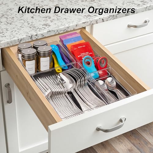 SMARTAKE 7-Piece Drawer Organizer with Non-Slip Silicone Pads, 4-Size Desk Drawer Organizer Trays Storage Tray for Makeup, Jewelries, Utensils in Bedroom Dresser, Office and Kitchen (Clear) - style: 7 PCS