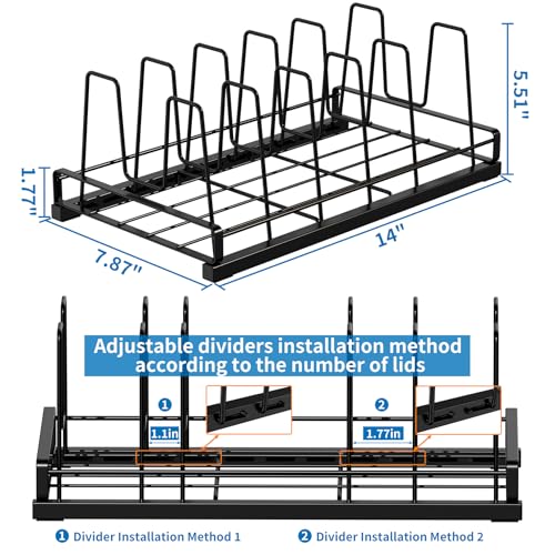 Food Container Lid Organizer, Adjustable 6 Dividers Full-Metal Pot and Pan Organizer Rack for Kitchen Cabinets, Drawers, Cupboards, Pantry Shelves Storage, Black - color: Black,14",6 Dividers