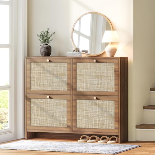 Nicetree Shoe Cabinet Storage for Entryway, 4-Flip Drawer Narrow Shoe Rack with Adjustable Shelves, Boho Modern Square Rattan Shoe Organizer, Slim Wood Storage Cabinets for Small Spaces Fits Size 13.5 - color: Toasted Caramel, style: 4 Flip Drawer - Class