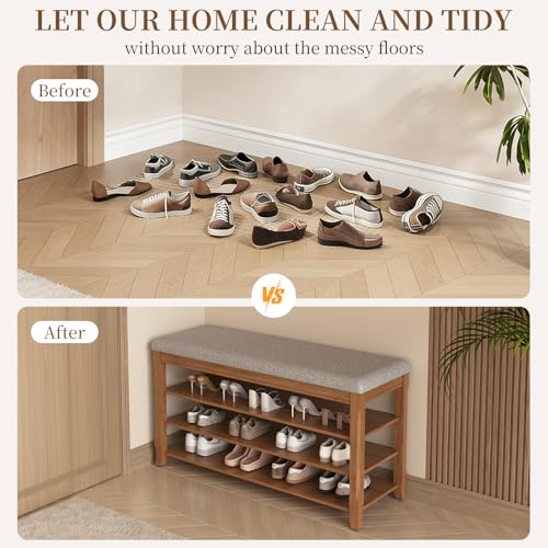 Solid Wood Shoe Bench with Storage, Flip-Top Soft-Close Lid, Adjustable Shelves, Cushioned Entryway Shoe Rack Organizer, 31.5” - size: 31.5"