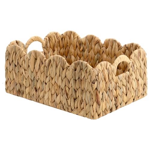 StorageWorks Scalloped Water Hyacinth Baskets, Hand-woven Rattan Baskets with Built-in Handles, Cute Baby Basket for Nursery, Basket for Organizing and Decor, 15"L x 11"W x 6¾"H - color: Water Hyacinth(Natural), size: 15"L x 11"W x 6¾"H