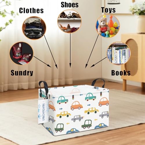 LANGYASHAN Rectangular Storage Bin Collapse Canvas Fabric Cartoon Storage Basket with Handles for Organizing Home Kitchen Boys and Girls Toys Office Closet Shelf Baskets(Rec Color Cars) - color: Rec Color Cars
