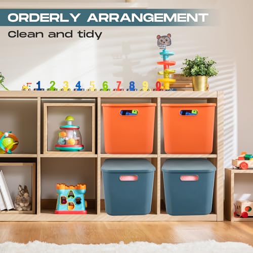 Hoolerry 8 Pieces Colorful Storage Bins with Lid, Plastic Storage Basket Organizing Container Stackable Box with Handle for Shelves Desktop Playroom Office(14.2 x 10.2 x 9.5 Inch,Blue and Orange) - color: Blue and Orange, size: 14.2 x 10.2 x 9.5 Inch