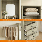Unikito Closet System, 4FT - 9FT Closet Organizer with Mirror, Luxury Walk in Closet Insert with Drawers and 4 Hanging Rods, Sturdy Wood Wardrobe Closet Garment Rack with 25” Tower, White Oak - color: White Oak