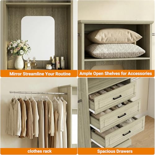 Unikito Closet System, 4FT - 9FT Closet Organizer with Mirror, Luxury Walk in Closet Insert with Drawers and 4 Hanging Rods, Sturdy Wood Wardrobe Closet Garment Rack with 25” Tower, White Oak - color: White Oak