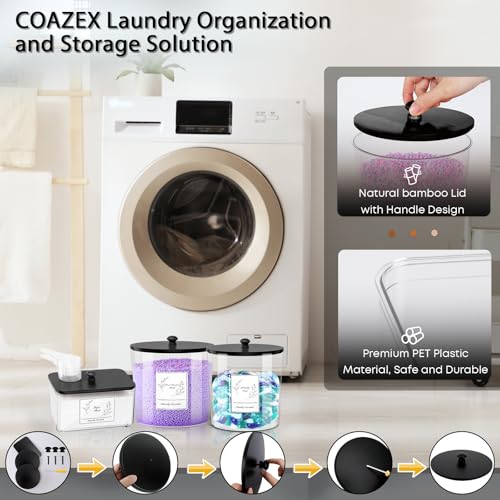 COAZEX 3 Pack Laundry Powder Container & Dryer Sheet Holder, Plastic Laundry Room Organization and Storage Jars with Lids, Labels & Scoops for Powder, Detergent, Scent Booster (Black Lid) - color: A-Clear(Black Lid)