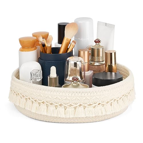Mkono Makeup Perfume Holder Organizer Macrame Decorative Woven Rope Basket Boho Decor Cosmetics Desk Storage Baskets for Dresser Skin Care Lotions Essential Oils Dorm Room Essentials - color: Cream
