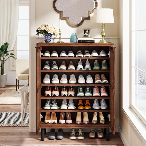 Tribesigns 6-Tier Shoe Cabinet with Shutter Doors, Large Wooden Shoe Organizer Rack with Adjustable Shelves, Modern Farmhouse Hidden Storage Furniture for Entryway, Hallway (Walnut) - color: Walnut