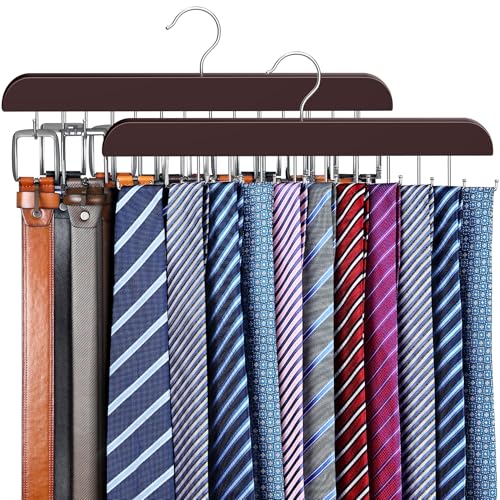 2 Pack Tie Rack & Belt Hanger 2 in 1 Tie Hanger Space Saving Max 42 Belts& 60 Ties Capacity for Closet Organizers and Storage, Sturdy Wood Belt & Tie Collection Organizer - color: Brown