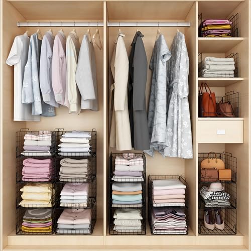 Jakyitvi Stackable Closet Organizers and Storage Bins 4 Pack, Sturdy Metal Clothes Storage Container for Clothes Pants Sweaters, Black Folded Drawer Shelf Organizer for Closet Wardrobe - color: Black, size: 4 Tier