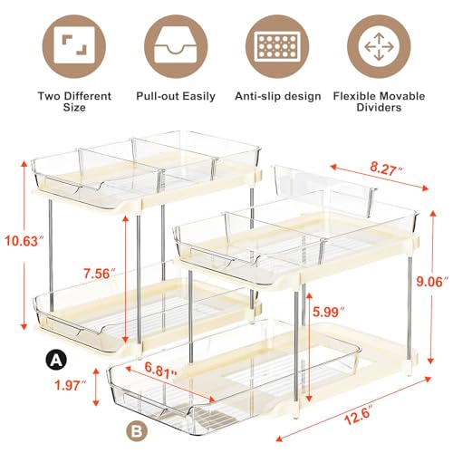 Delamu 2-Tier Multi-Purpose Bathroom Under Sink Organizers and Storage, Stackable Kitchen Pantry Organization, Pull Out Medicine Cabinet Organizer with Movable Dividers, Beige, 2 Pack - color: Beige, size: 2 Pack
