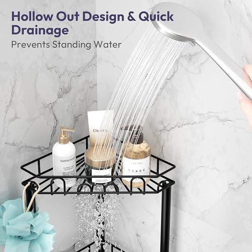SWTYMIKI Standing Shower Caddy Corner - 3‑Tier Stainless Steel Shower Organizer Shelf with 12 Hooks and Adhesive Pads, Rustproof Corner Shelves Stand Rack for Bathroom Shower Room, Black - color: Black