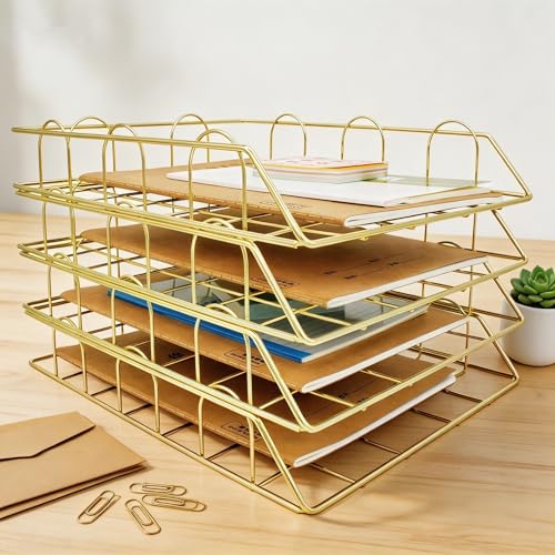 JIARI 4 Pack Desk Organizer Stackable Letter Tray Paper Organizer, Metal Desk Organizer Tray for Letter/A4 Paper Storage, for Office Supplies (Gold 4 Pack) - color: Gold 4 Pack