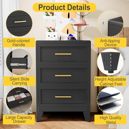 3 Drawers Tall Black Dresser for Bedroom, 35.43" Metal Dressers & Chests of Drawers Curved Corner Design, Storage Organizer Drawer Chest with Large Capacity for Living Room, Entryway, Hallway - color: Black, style: Narrow Style/3 Drawers