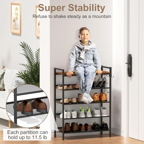 Refrze Shoe Rack for Front Door Entrance, 5 Tier Height-Adjustable Metal Shoe Rack, Sturdy Wooden Top and Tiltable Steel Frame Heavy Duty Shoe Organizer for Bathroom,Bedroom,Kitchen，Include Hook - color: Brown + Black, size: 5-Tier (11.8"D x 29.1"Wx 38.7"