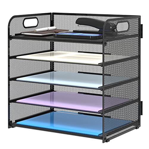 Supeasy 5 Trays Paper Organizer Letter Tray with Handle-Mesh Desk File Holders, Paper Sorter Desk Organizer for Office, Home, Classroom or School - color: Black