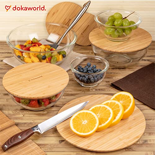 Stackable Space-Saving Set of 5 Nesting Glass Bowls with Bamboo Lids for Foodprep, Storage, Baking, Mixing & Cooking, Microwave & Oven Safe BPA Free Heat Resistant Inert Borosilicate Glass - color: 5 Mixing Bowls with Bamboo Lids