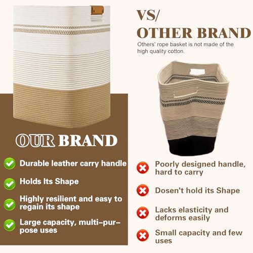 Laundry Hamper, 95L Tall Laundry Basket with Leather Handles, Rectangle Large Clothes Hamper for Organizing, Cotton Woven Laundry Baskets Storage Hampers for Bedroom, Nursery, Living Room - color: Jute & White, size: 95L