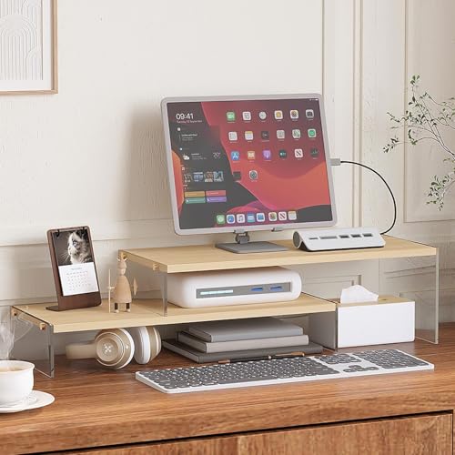 YGYQZ Adjustable Monitor Stand Riser with Acrylic Legs丨7.67" Wide Dual Monitor Stand for Desk丨2-Tier Wood Desktop Organizer for Computer, Laptop, Printer & PC丨Modern Aesthetic Desk Shelf(wood-flat) - color: wood-flat, size: 7.67' W*19.3L