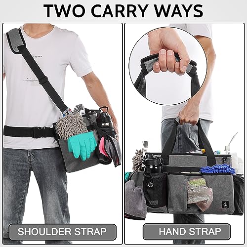 Large Cleaning Caddy Bag Built-in Sturdy Support Board, Cleaning Organizer with Detachable Divider, Cleaning Supply Tote with Adjustable Shoulder Strap&Waist Belt for Cleaners & Housekeeper - color: Grey