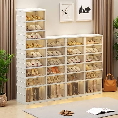 Foldable Shoe Rack Organizer for Closet 9 Tier-18 Pairs Stackable Shoe Storage Cabinet, Collapsible Sneaker Shelf with Doors, Shoe Organizer with Lids Large for Living Room, Entryway - size: 9 Tiers 18 Pairs