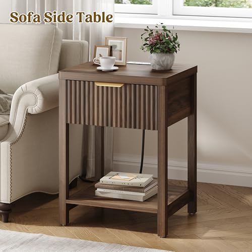 Lulive Fluted Modern Night Stand, Nightstand with Charging Station, Wood Modern Bedside End Table with Storage Drawer for Bedroom, Save Space (Set of 1, Walnut) - color: Walnut, size: 1 Drawer-Set of 1 Nightstand