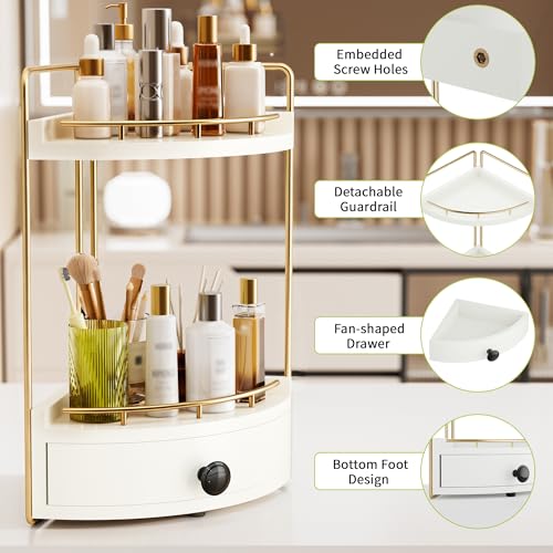 2-Tier Corner Bathroom Counter Organizer with Drawer & Embedded Screw Holes - Wooden Countertop Organizers for Skincare, Makeup Storage, Bathroom Sink Counter Shelf for Vanity, Kitchen, White Gold - color: White Gold
