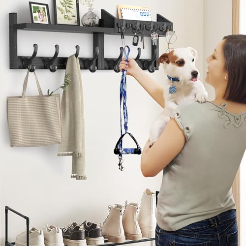 Evermagin 29" Coat Rack Wall Mount with Shelf, 4 in 1 Coat and Key Hanger with 11 Metal Hooks, Entryway Wall Mounted Shelf with Mail Holder for Living Room, Bedroom, Black - color: Black, size: 29 inch