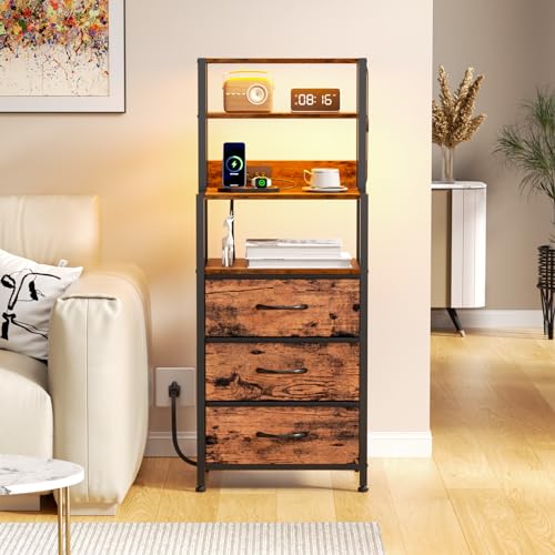 Furnulem Night Stand, Tall Nightstand with 4-Tier Shelves and 3 Fabric Drawers, LED Bed Side Tables with Charging Station, Bedside Table for Bedroom, Hallway, Office, Rustic Brown - color: Rustic Brown, size: 3 Drawer