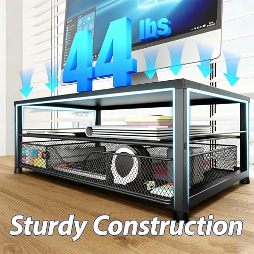 OPNICE Desk Organizer and Accessories, 2-Tier Computer Monitor Stand Riser with Drawer and 2 Pen Holders, Laptop Stand, Office Desk Accessories for Office Supplies, Black - color: Black 1-Pack