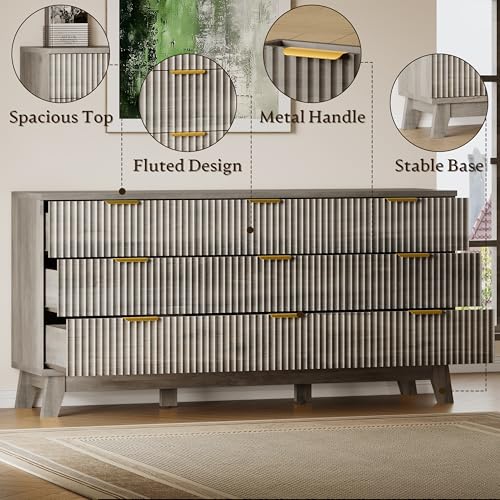 BORNOON Fluted 9 Drawer Dresser, 57.1" Wide Modern Boho Chest of Drawers, Wooden Storage Dresser TV Stand for Bedroom, Living Room, Closet, Hallway, Curved Profile Design - color: Rustic Drift, size: 9 Drawers