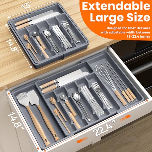 RoomHacks Large Silverware Organizer,Expandable Utensil Drawer Organizer,BPA Free Utensil Holder,Adjustable Silverware Tray Cutlery Drawer Organizer for Kitchen Flatware,Large,Grey (6-8 Slots) - color: Gray
