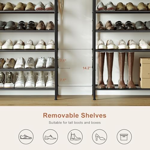 Shoe Rack with Coat Rack, 8 Tier Tall Shoe Storage Organizer with Hooks, 3-in-1, Wooden Top Shelf, Sturdy Frame, Metal Clothes Hanger Stand for Entryway, Closet, Rustic Brown and Black - color: Rustic Brown and Black