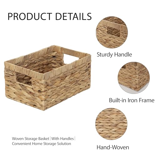 Woven Natural Water hyacinth basket Rectangular organizer basket with Handle for Desktop, Bathroom, Entryway,Kingwillow.(Small) - size: Small