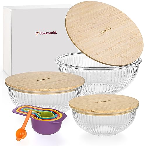 Stackable Space-Saving Nesting Set of 3 Glass Bowls with Bamboo Lids for Foodprep, Storage, Mixing & Cooking - Microwave & Oven Safe BPA Free Durable Heat Resistant Inert Borosilicate Glass - color: 3 Mixing Bowls with Bamboo LIds (Ribbed)