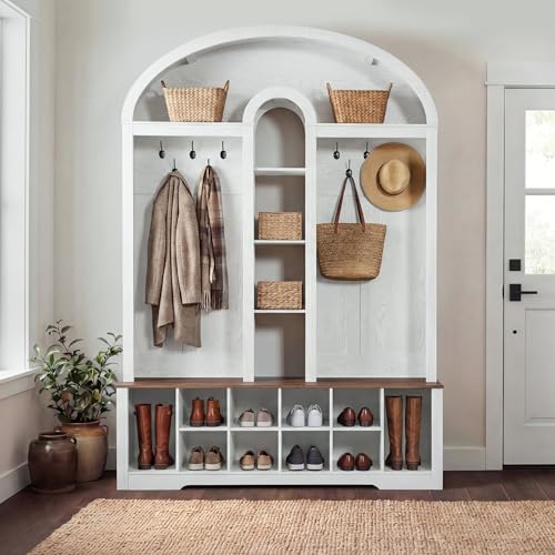 DWVO 59" W Hall Tree with Shoe Storage, Arched Entryway Bench with Coat Rack, 10 Shoe Cubbies Shelves & 10 Coat Hooks, Shoe Storage Bench for Entryway Hallway,White