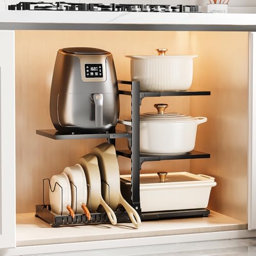 PureBox Pots and Pans Organizer Rack with Lid Holder – 8 pots, Solid Steel Shelves Heavy Duty Adjustable Under Cabinet Pot Rack, Double-Sided Cabinet Organizer, Holds 100Lbs, Black - color: Black Carbon Steel Pot Rack